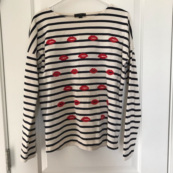 J.Crew Embroidered Lips Stripe Long Sleeve Tee - Picture 3 of 6